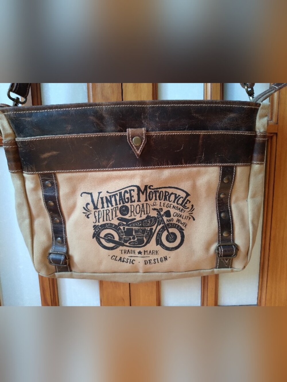 New Motorcycle Messenger TanCanvas & Faux DarkBrown Leather Trim Bag By Sixtease